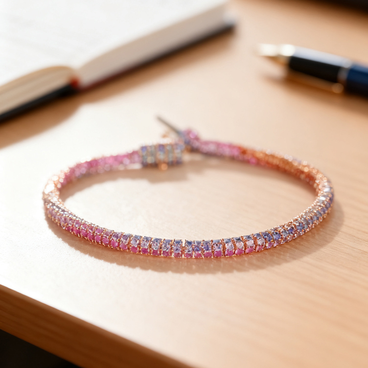 私意珠宝 天然彩宝手链渐变色彩虹时尚18K金钻石手环彩蓝宝定制