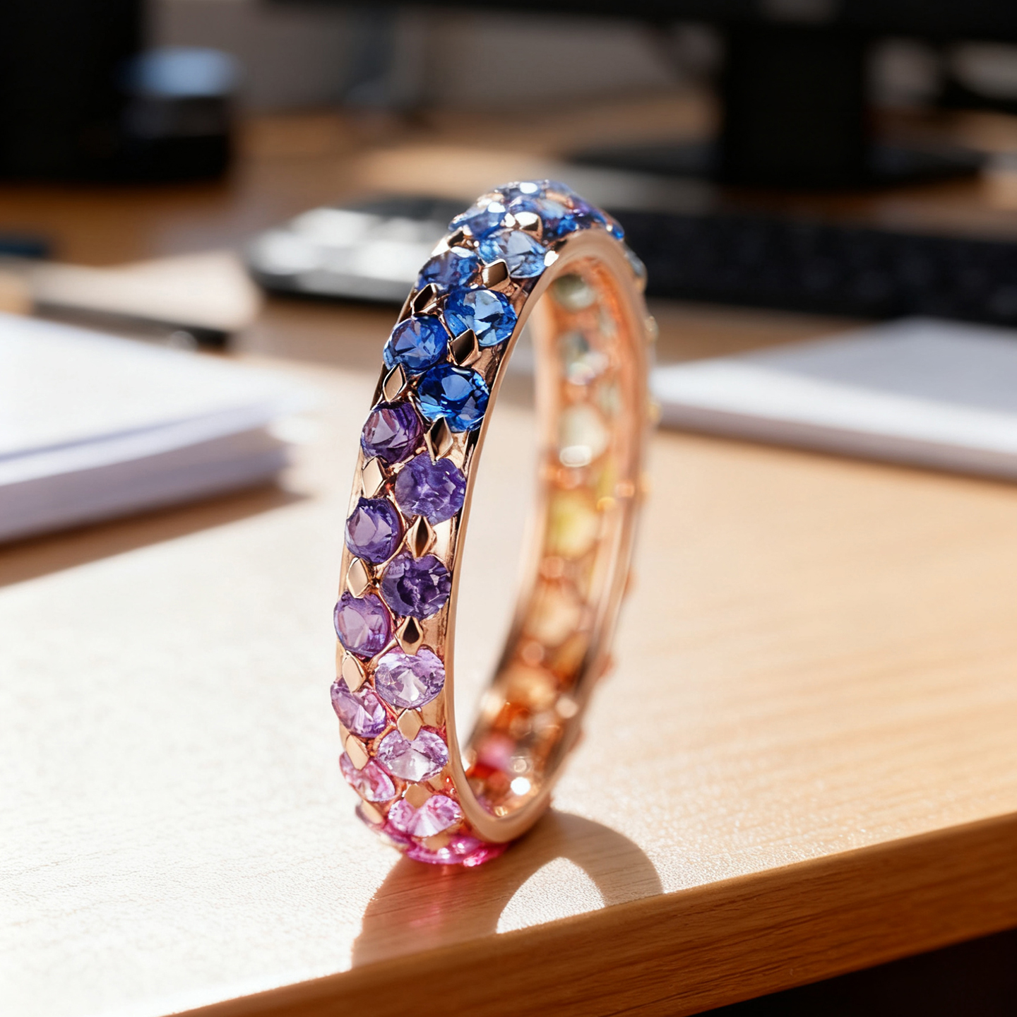 天然彩宝18K金双排彩蓝宝戒指