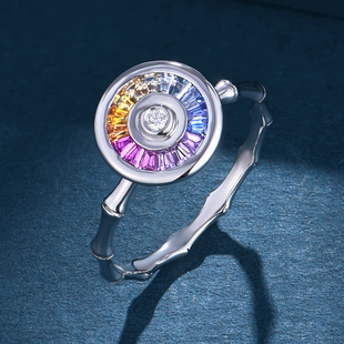 私意珠宝 天然彩宝彩蓝宝石戒指18K金镶钻石可转动竹节首饰定制