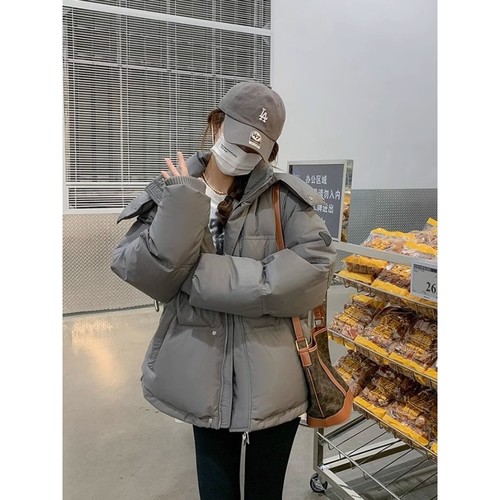 灰色羽绒服女短款2025冬季新款韩版90白鸭绒小个子连帽面包服外套