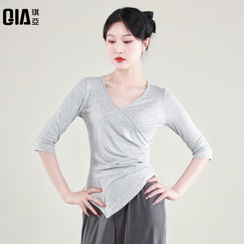 琪亚V领舞蹈服上衣练功服女成人现代舞短袖形体服古典舞基训服装