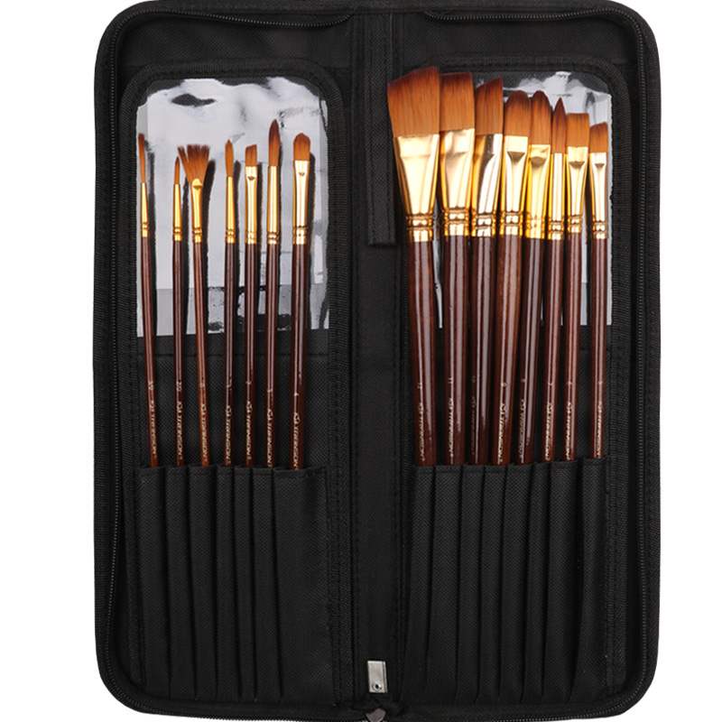 中盛画材美术高考色彩画笔扇形笔水粉水彩油画笔15支套装带笔包