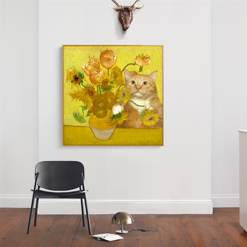 巷见  橘猫恶搞梵高向日葵客餐厅卧室现代油画儿童房装饰壁挂画图片