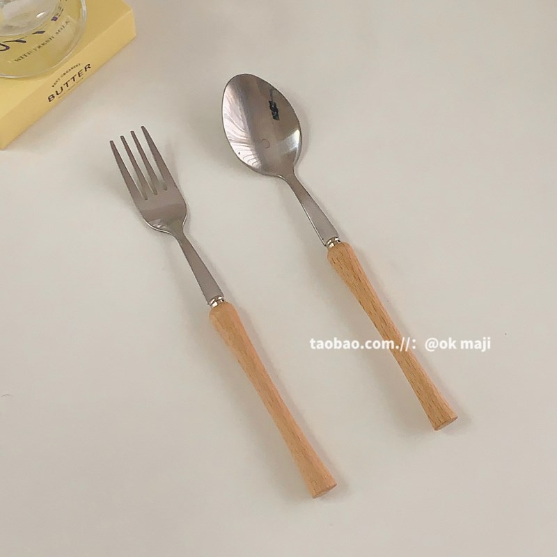 ok maji韩国ins高颜值长柄不锈钢榉木柄叉勺子酸奶早餐喝粥吃饭勺