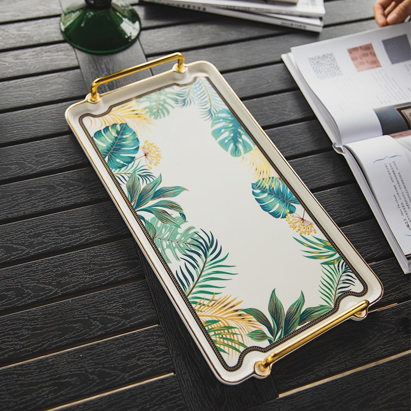 家用陶瓷长方形把手托盘下午茶点心盘果盘清新图案茶具收纳盘