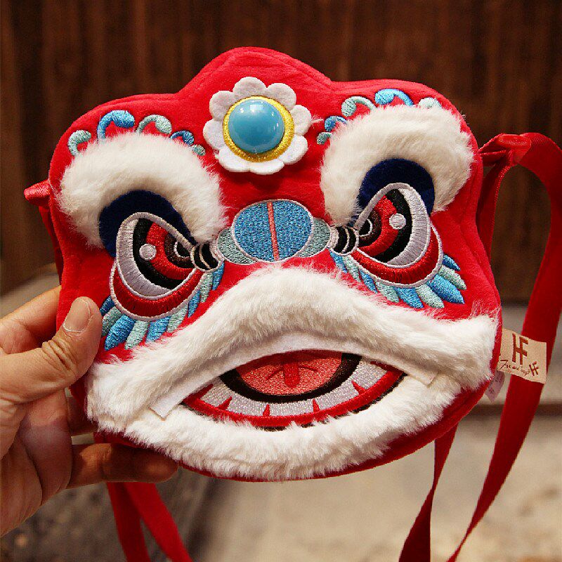 过新年复醒风毛绒面刺头古狮舞狮绣拜年红零钱卡