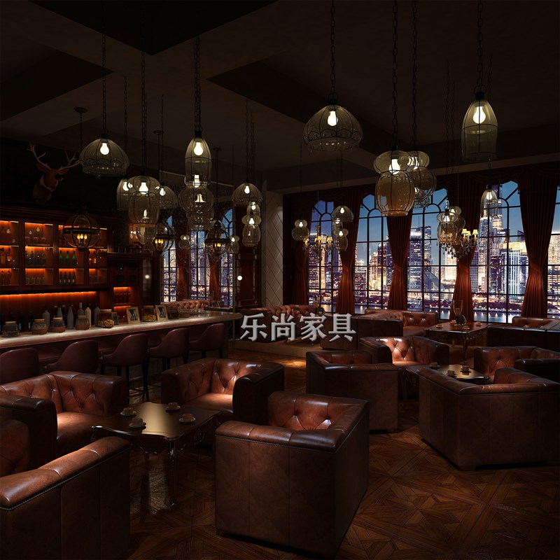 美式复古酒吧沙发威士忌吧清吧酒馆卡座咖啡厅西餐厅桌椅组合欧式
