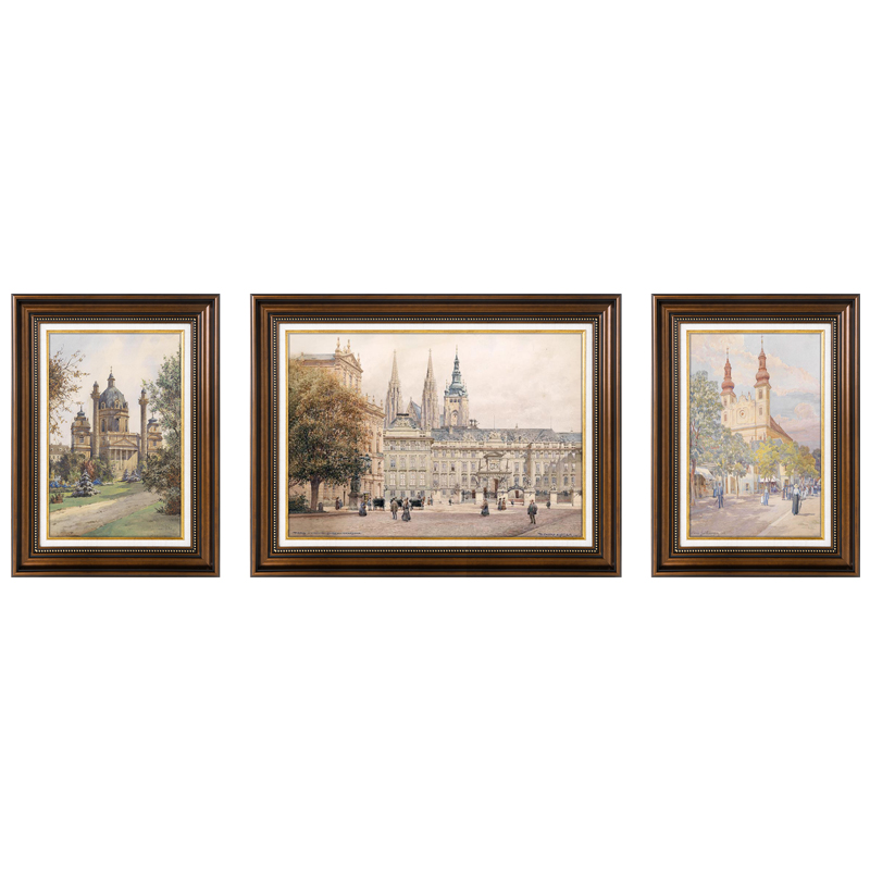美式装饰画客厅沙发背景墙挂画复古三联画建筑风景油画欧式壁画图片