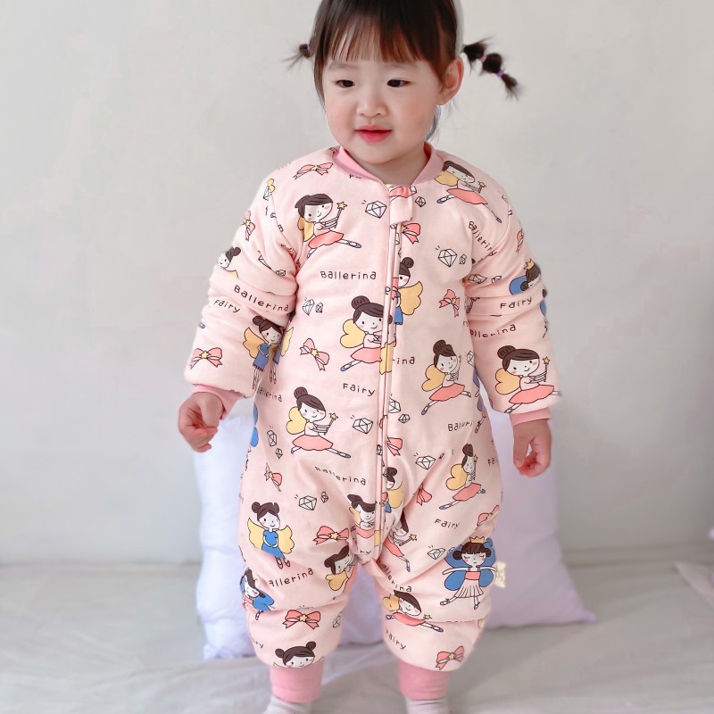 冬季加厚夹棉睡袋宝宝分脚防踢被可拆袖男女童保暖连体睡衣