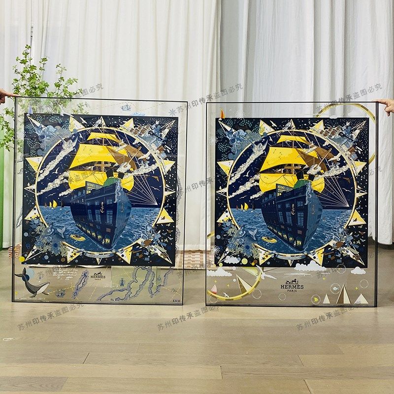 90丝巾画亚克力装裱画框六面体设计图案立体玄关装饰轻奢挂画定做
