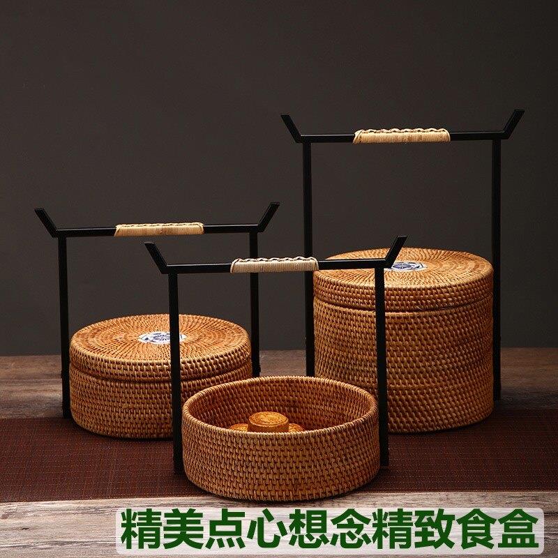 藤编复古点心食盒大小号手提水果篮带盖子茶具收纳盒铁艺干果盘手