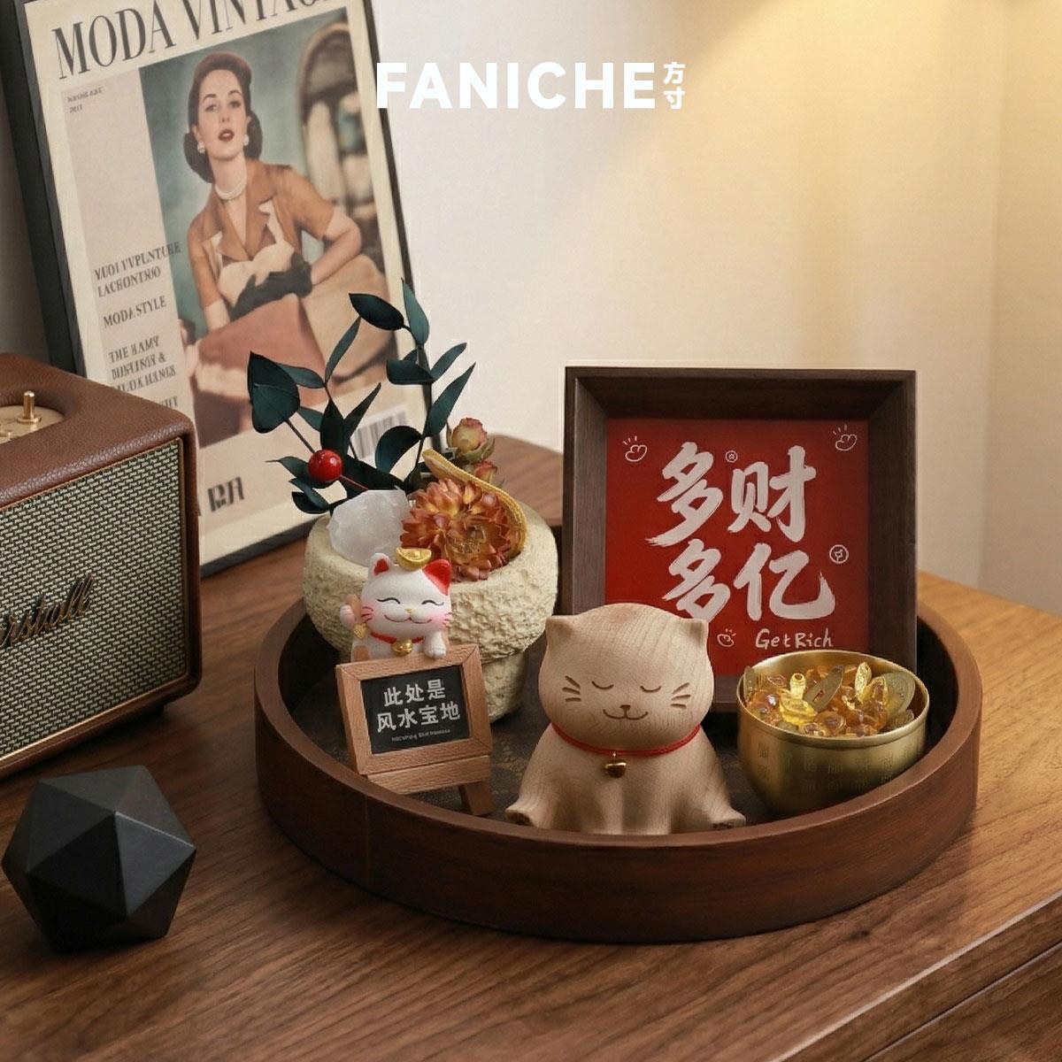 FANICHE氛围感榉木招财猫纳福办公桌面收纳木质托盘装饰摆件礼物