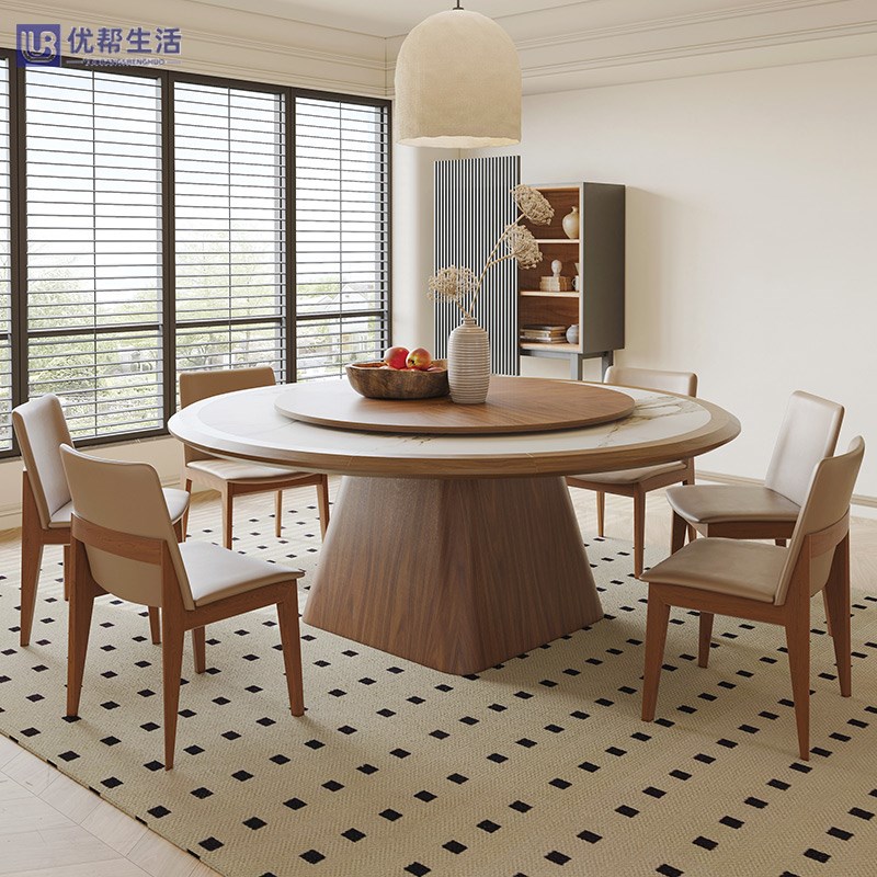 实木大圆桌酒店大平层别墅家用带转盘餐桌椅组合饭桌现轻奢餐桌