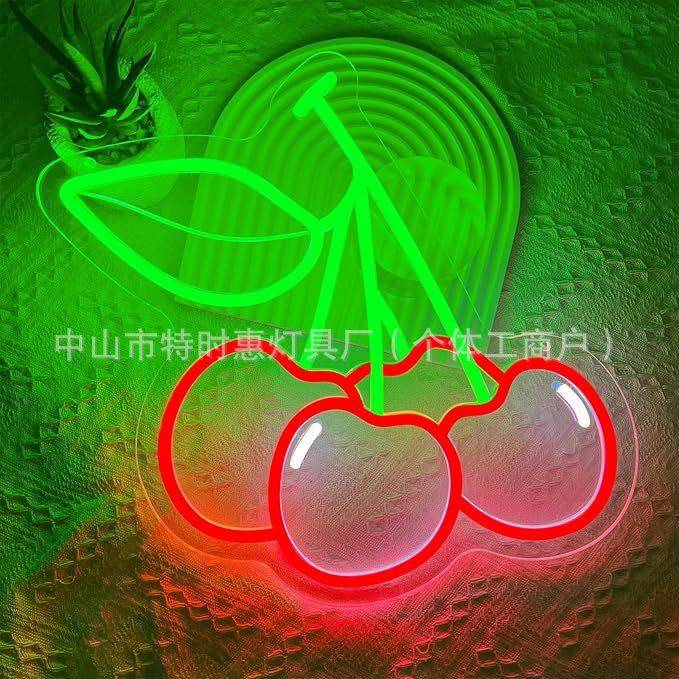 樱桃霓虹灯标志可爱红色绿色樱桃 LED 霓虹灯用于墙壁装饰