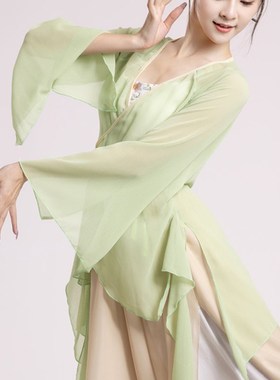 古典舞服装女飘逸雪纺纱衣绿色中国民族舞上衣烟火演出舞蹈练功服