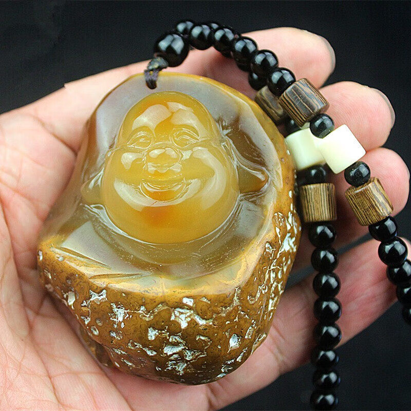 大号原皮玛瑙手把件原石玉髓把玩件男士手玩件笑佛公摆件证书