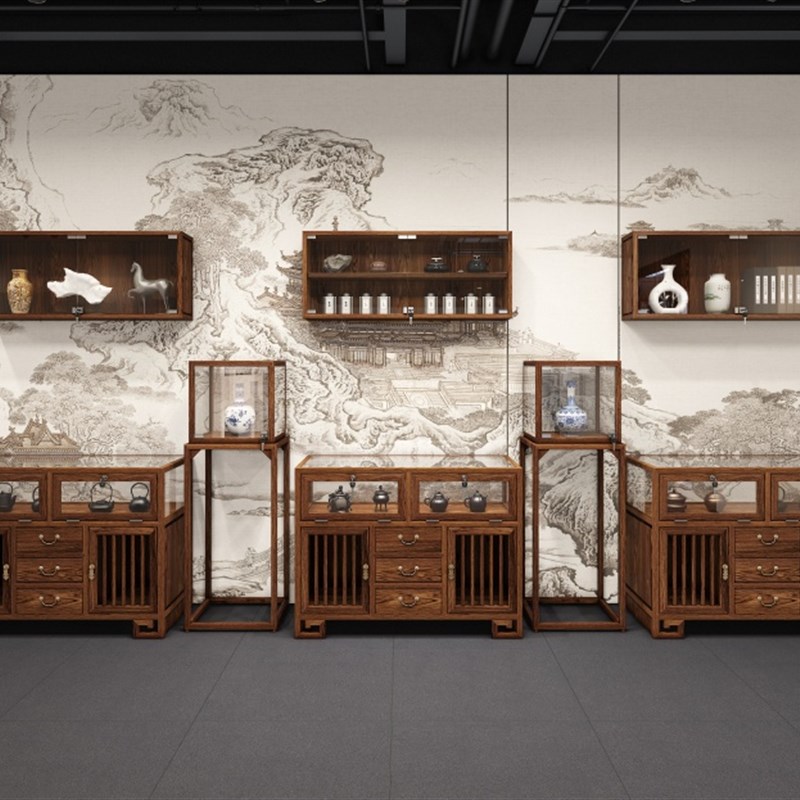 新中式实木珠宝展示柜玻璃展柜玉器首饰精品货架陈列柜中岛台壁柜
