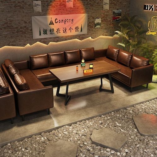 00卡座沙发咖啡厅烧烤店酒馆商用沙发露营风清吧餐吧桌椅工业风酒