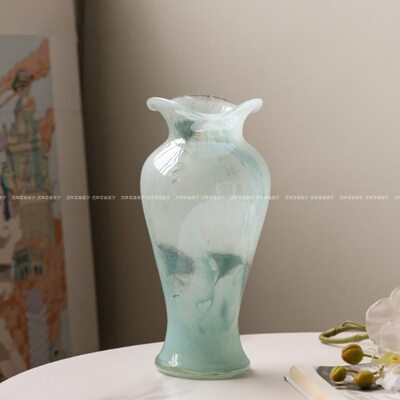 新中式复古芬顿水墨荷叶边手工玻璃花瓶高级家居客厅轻奢花器摆件