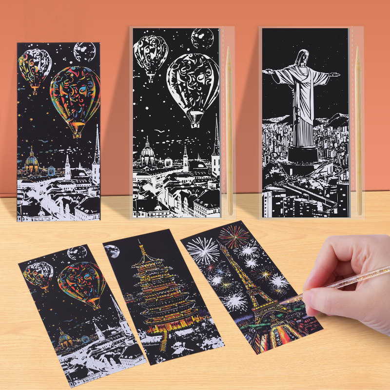 创意彩色夜景刮刮画炫彩12张刮画纸手刮画6有图案DIY创意制作礼物