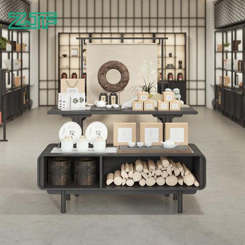 众匠坊茶叶店中间展示桌店铺礼盒高低流水台黑色产品展示台中岛架