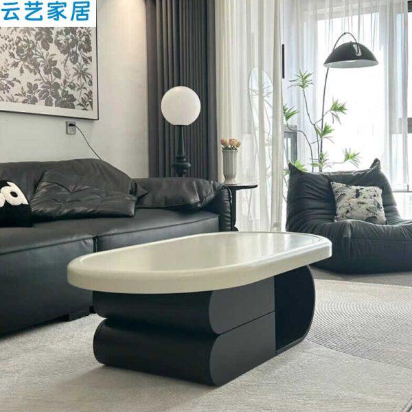 原木奶油风茶几小户型客厅家用网红高级椭圆形创意岩板茶几侘寂风
