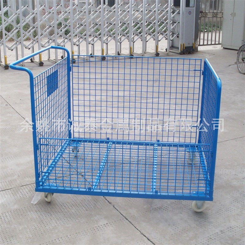 围栏平板手推车折叠静音网格拉货车仓库车间四轮周转车快递搬运车