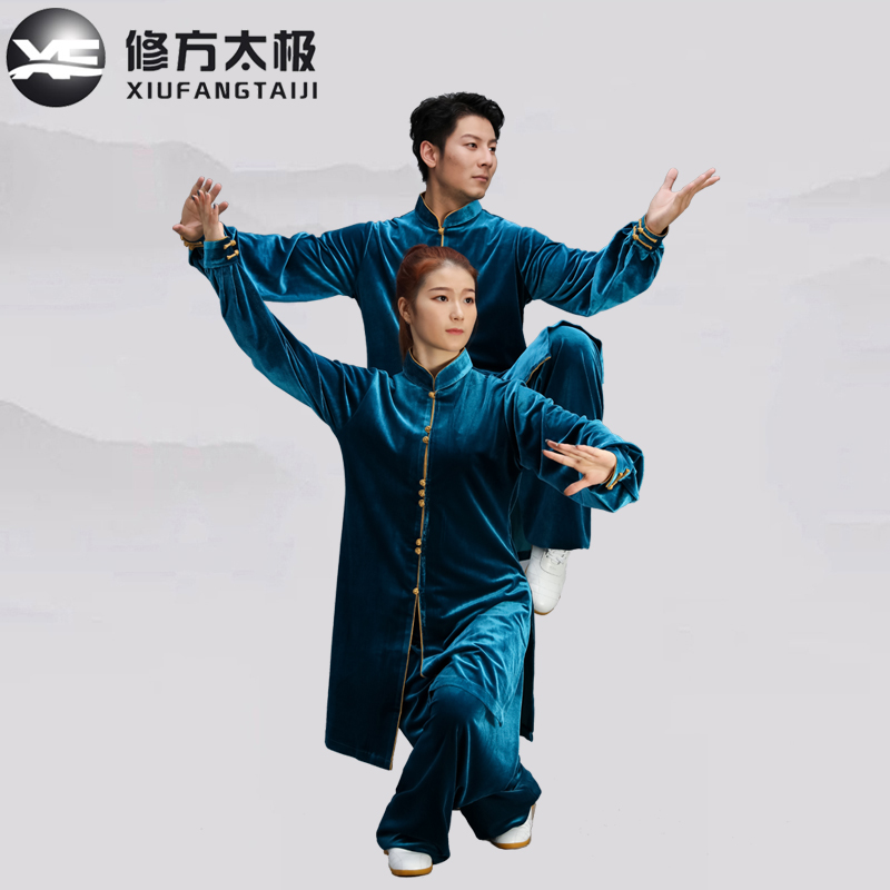 修方秋冬金丝绒太极服女加厚中长款太极拳服男中国风武术表演服