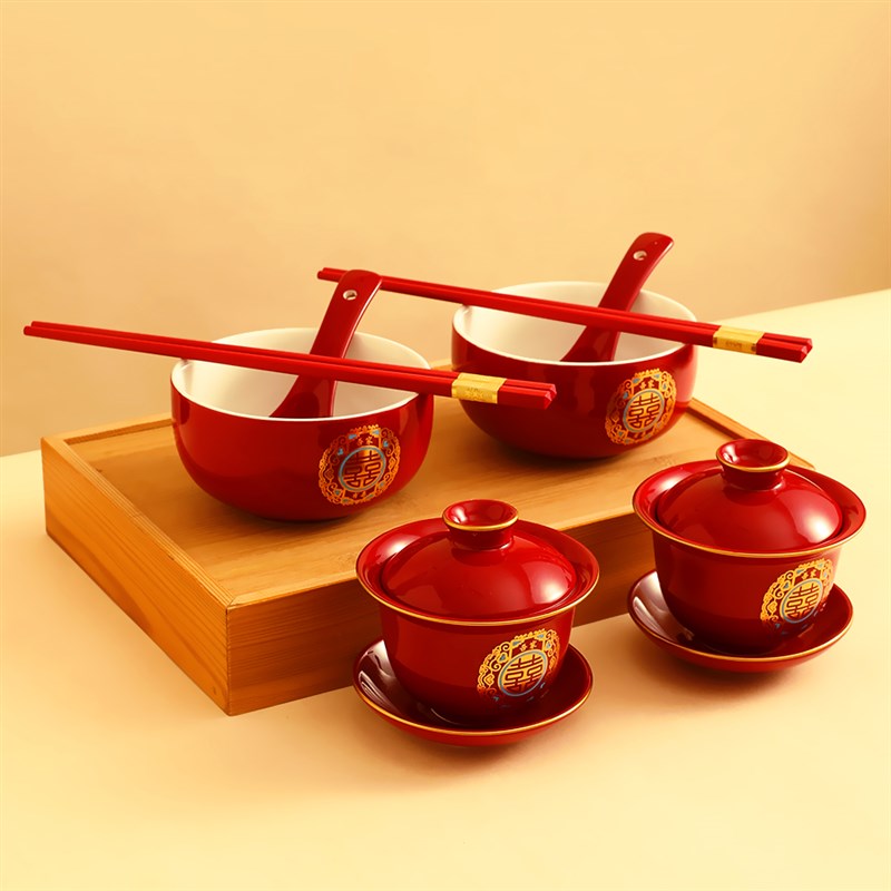 结婚改口敬茶杯一对盖碗红色喜对碗托盘茶杯碗筷套装陪嫁婚礼茶碗