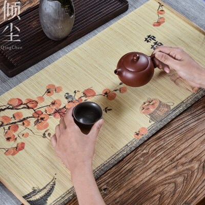 竹子小茶席 主人席 干泡席 竹席印画茶垫 桌旗垫子 柿柿如意 仿古