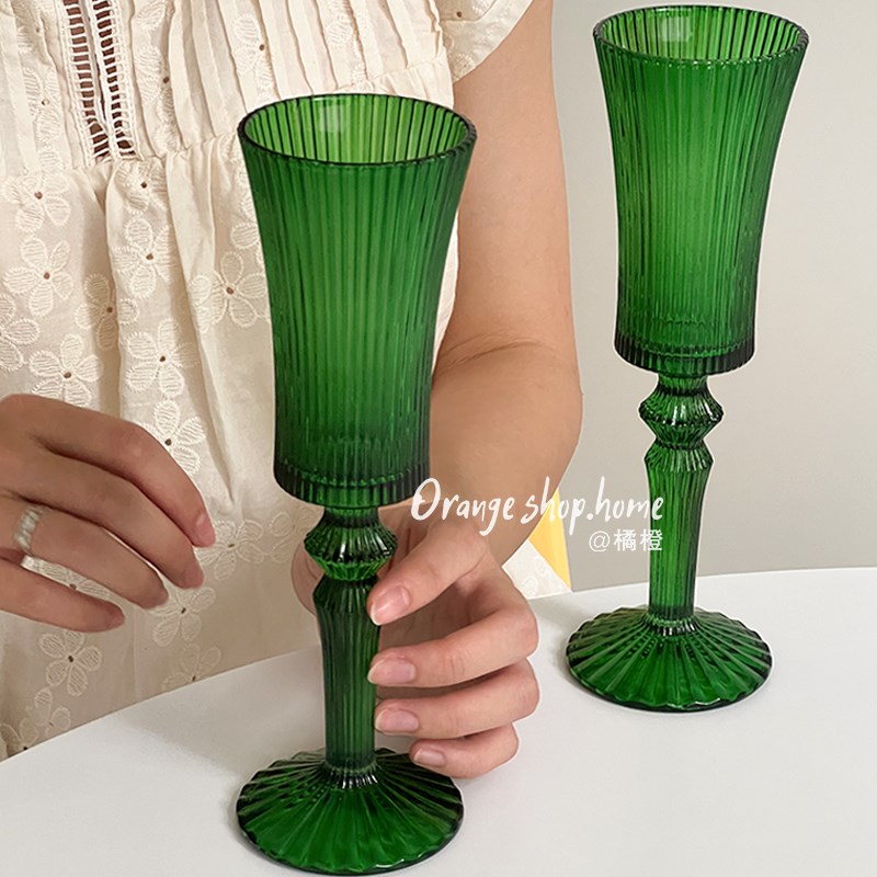 小众设计宫廷风玻璃杯森绿色条纹中古高脚香槟杯复古法式葡萄酒杯