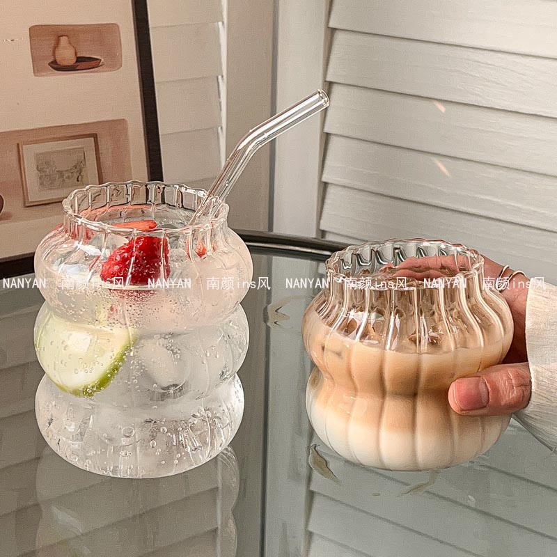 ins中古风胖嘟嘟玻璃杯水果茶杯带吸管大容量冷饮杯咖啡杯果汁杯