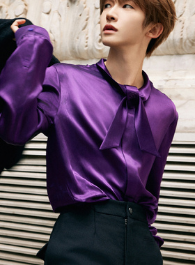 刘宇明星同款紫色缎面衬衫男长袖蝴蝶结领结丝滑垂感痞帅休闲衬衣