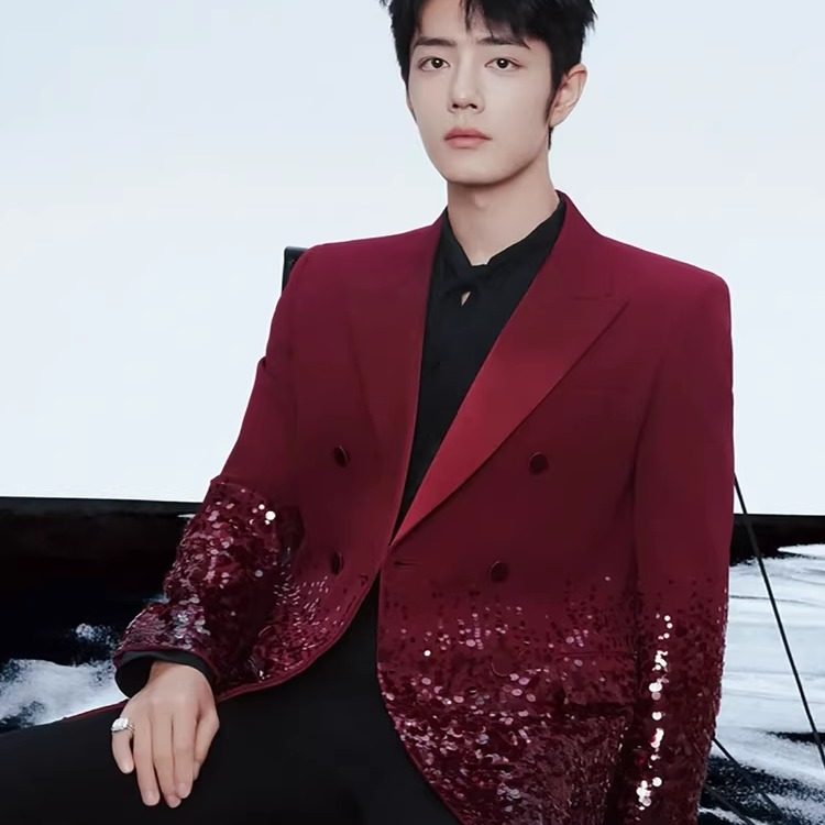 肖战明星同款酒红色重工亮片西装男士高级感轻奢舞台演出礼服套装,男装,商务正装西服,淘宝优惠券,粉丝福利购,淘宝优惠卷