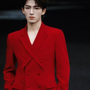 西服外套潮 男商务风晚会高级感正装 王星越明星同款 红色双排扣西装