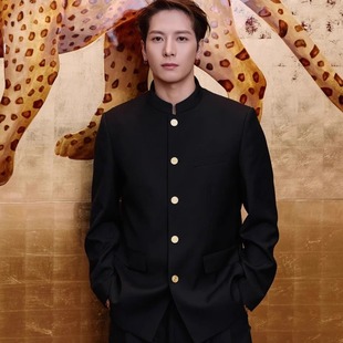 立领金色扣痞帅西服套装 男修身 潮 中国风黑色中山装 王嘉尔明星同款