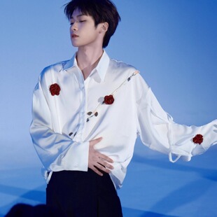梓渝同款小众高级设计感立体玫瑰花刺绣衬衫男白色宽松西服套装潮
