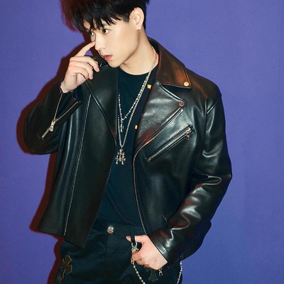 董又霖黑色机车风皮衣男翻领夹克