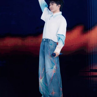 周深明星同款涂鸦镶钻手绘阔腿显瘦牛仔裤男女直筒舞台百搭演出潮