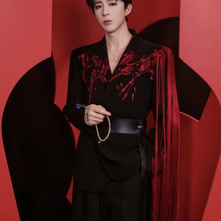 刘宇宁明星同款手工刺绣红流苏西装男高级感百搭舞台演出西服套装