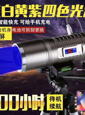 四光源变焦钓鱼灯紫光诱鱼灯蓝光强光手电筒USB充电夜钓灯顶3头灯
