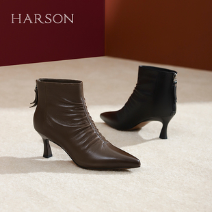 哈森法式小羊皮女靴秋冬新款尖头细跟抽褶时装短靴HWA240120