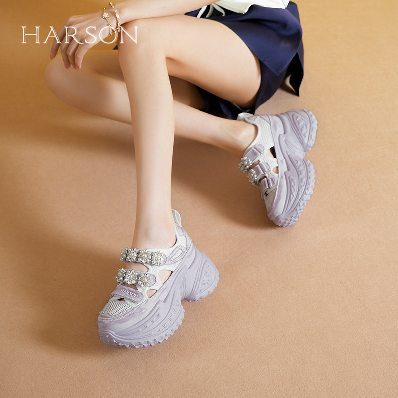 哈森闪耀水钻厚底时装凉鞋女夏季魔术贴松糕鞋显高女鞋HWM2501