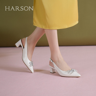 哈森时尚尖头粗跟后空凉鞋女夏季透气舒适高跟鞋百搭通勤HM256013