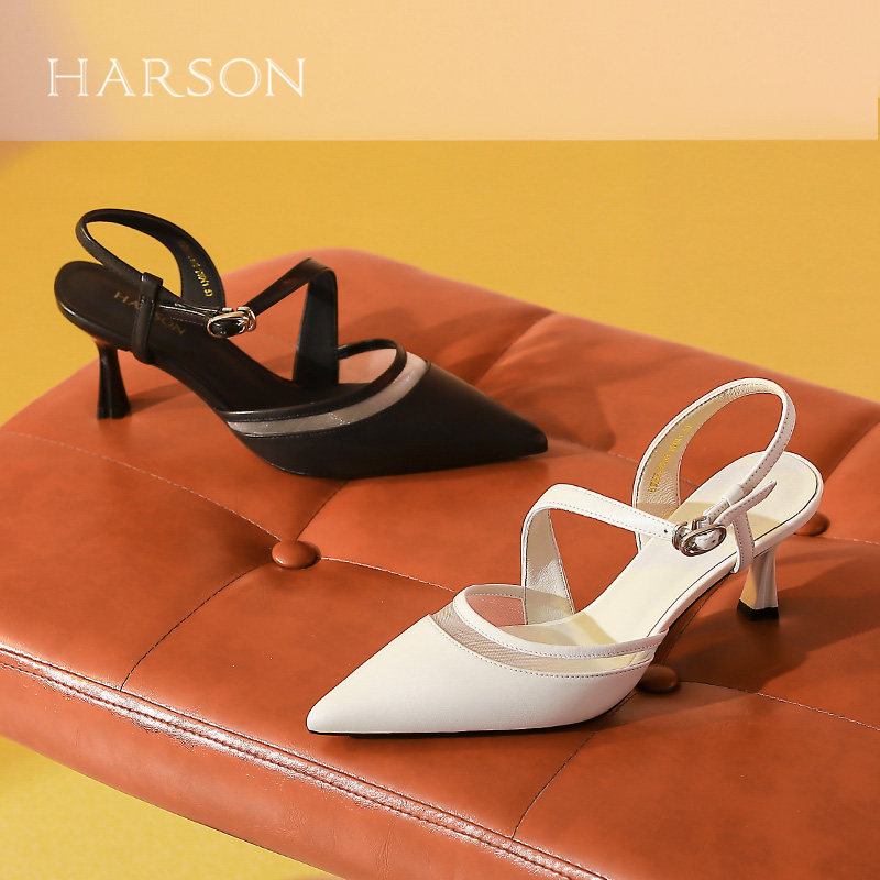 哈森夏季新款尖头羊皮时装凉鞋高跟鞋包头女鞋舒适百搭HWM2401