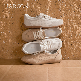 哈森2026新款镂空德训鞋薄底透气时尚休闲运动百搭女鞋HWCS260137