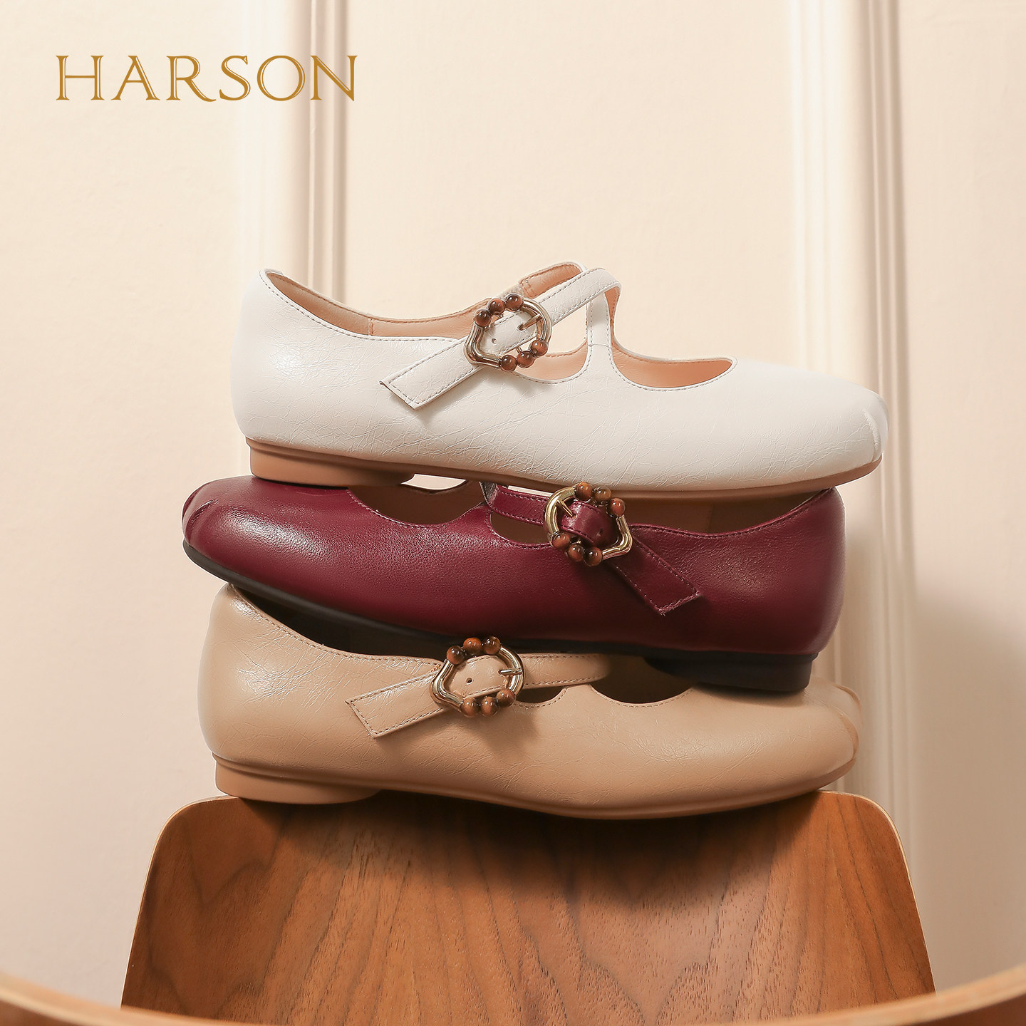 哈森2026新款真皮圆头交叉绑带低跟玛丽珍软皮软底单鞋HS262505
