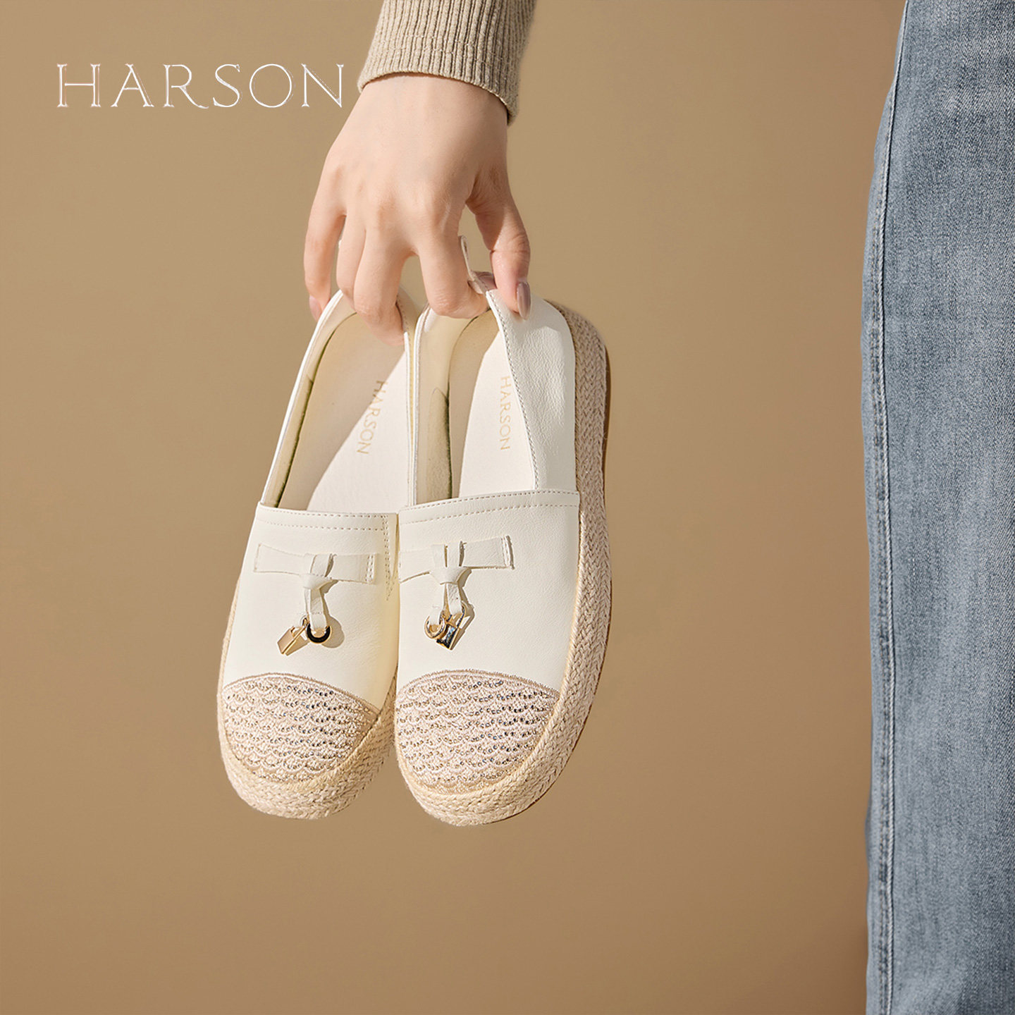 Harson/哈森哈森蝴蝶结渔夫鞋女平底一脚蹬懒人鞋软底舒适休闲鞋