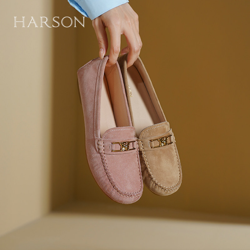 哈森平底乐福鞋女2026春季新款软底通勤一脚蹬单鞋豆豆鞋HL24