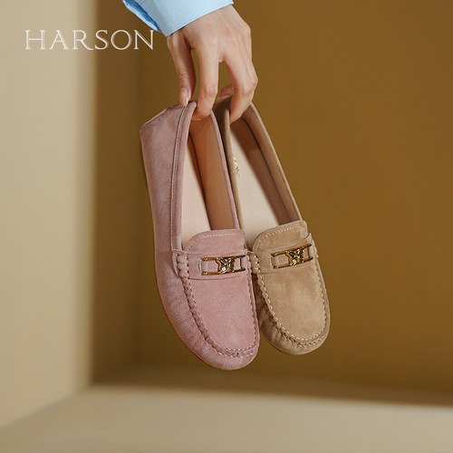 哈森/Harson新款舒适豆豆鞋休闲乐福软底通勤一脚蹬女鞋平底不累